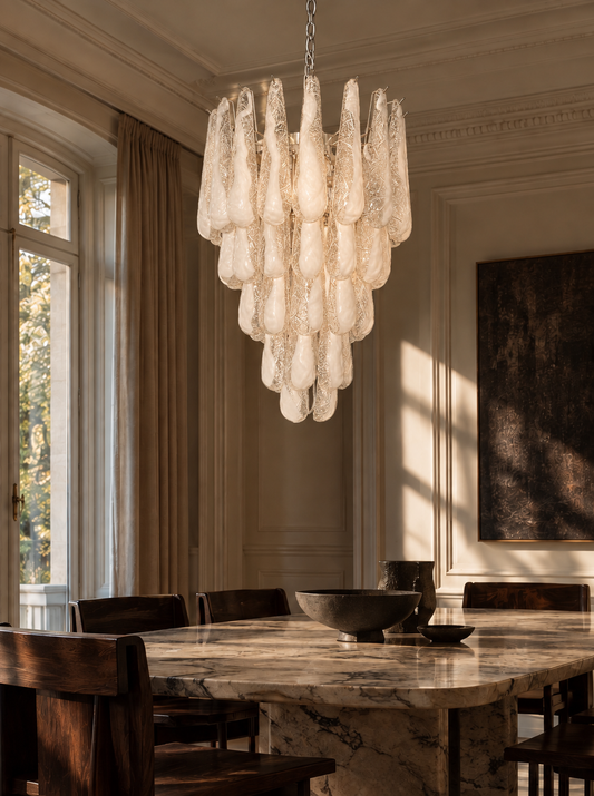 Drop Ø66 med 52 Milky White Murano-glas över ett marmorbord i klassisk matsal