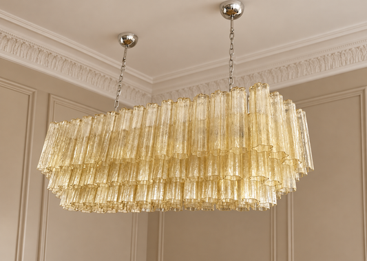 Murano takkrona Tubular 135 × 50 - 114 glas - Clear Amber i varm klassisk takmiljö