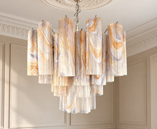 Murano takkrona Tubular Ø58 - 36 glas - Wisteria i varm klassisk takmiljö