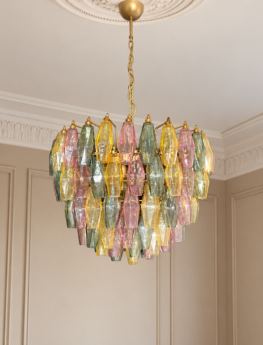 Murano takkrona Poliedri Ø68 - 111 glas - Multicolor i varm klassisk takmiljö