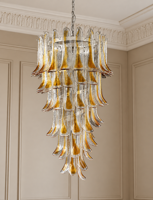 Murano takkrona Petali Spiral Ø64 - 83 glas - Clear Amber i varm klassisk takmiljö