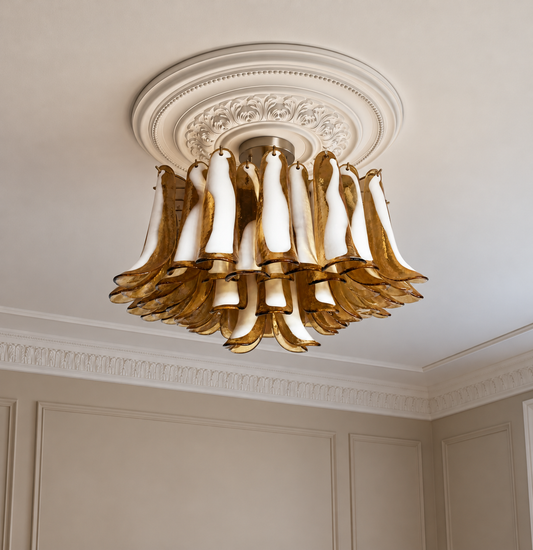 Murano plafond Mazzega Ø80 - 63 karamellfärgade glas i klassisk takmiljö
