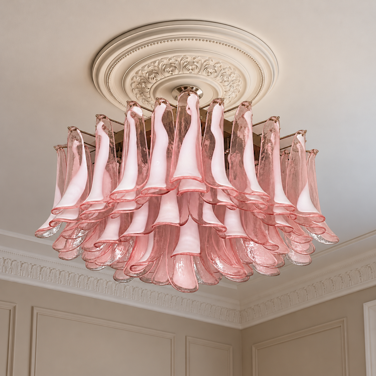 Murano plafond Mazzega Ø80 - 63 rosa glas i klassisk takmiljö
