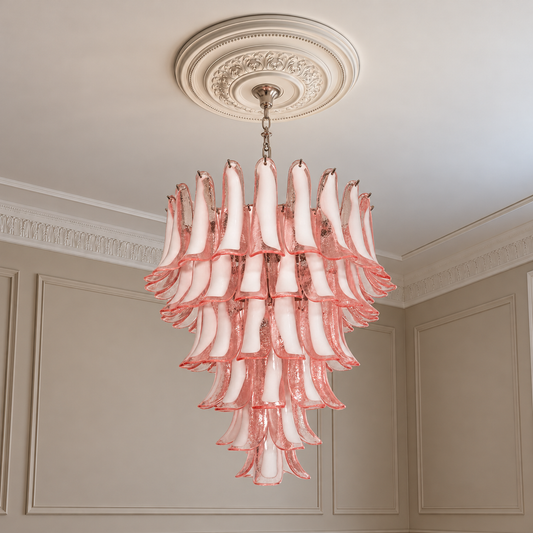 Murano takkrona Mazzega Ø80 - 75 rosa glas i klassisk takmiljö