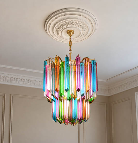Murano takkrona Quadriedri Ø47 - 107 flerfärgade glas i klassisk takmiljö