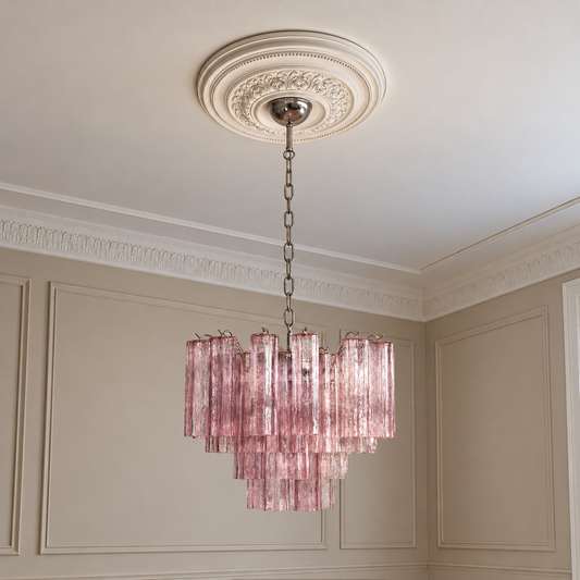 Murano takkrona Tubular Ø58 - 36 rosa glas i klassisk takmiljö