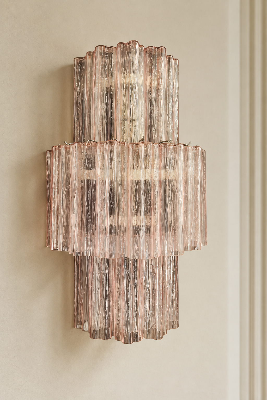 Vägglampa Tubular Grande Pink i mjukt dagsljus på varm beige vägg